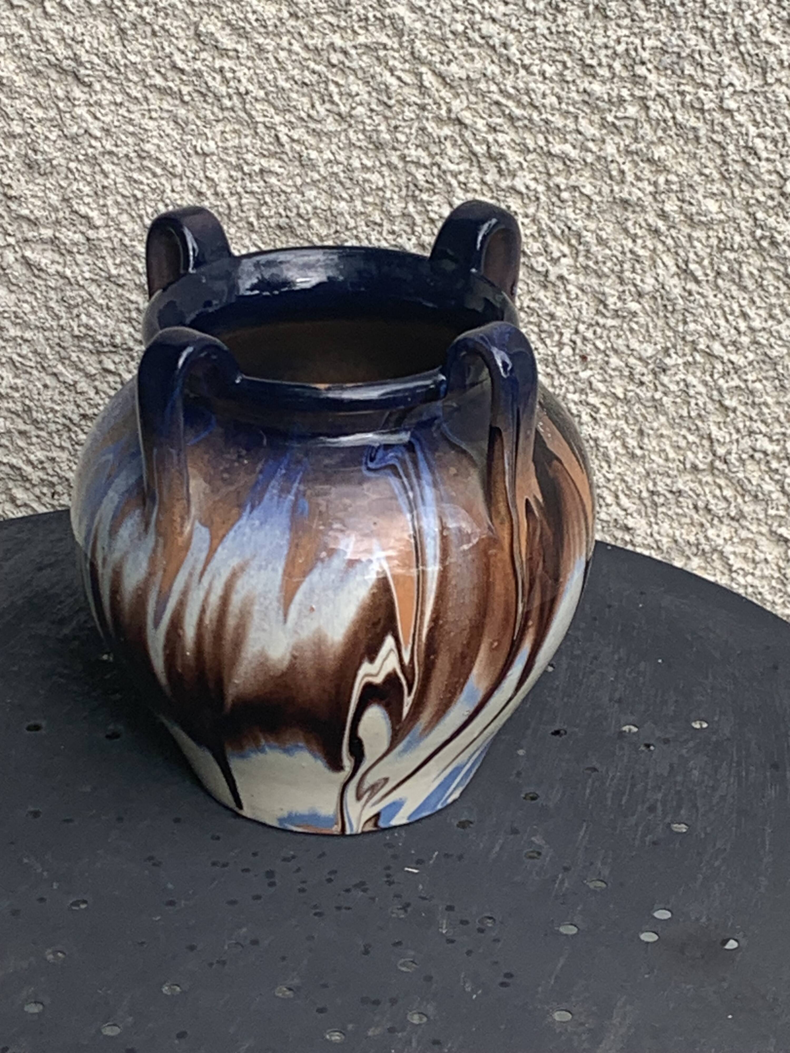 Amphora vase in mixed earth, shades of blue, beige and white, pottery, vintage