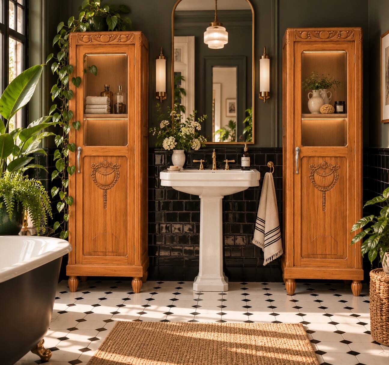 Rare pair of Art Deco glass columns in solid walnut – renovated
