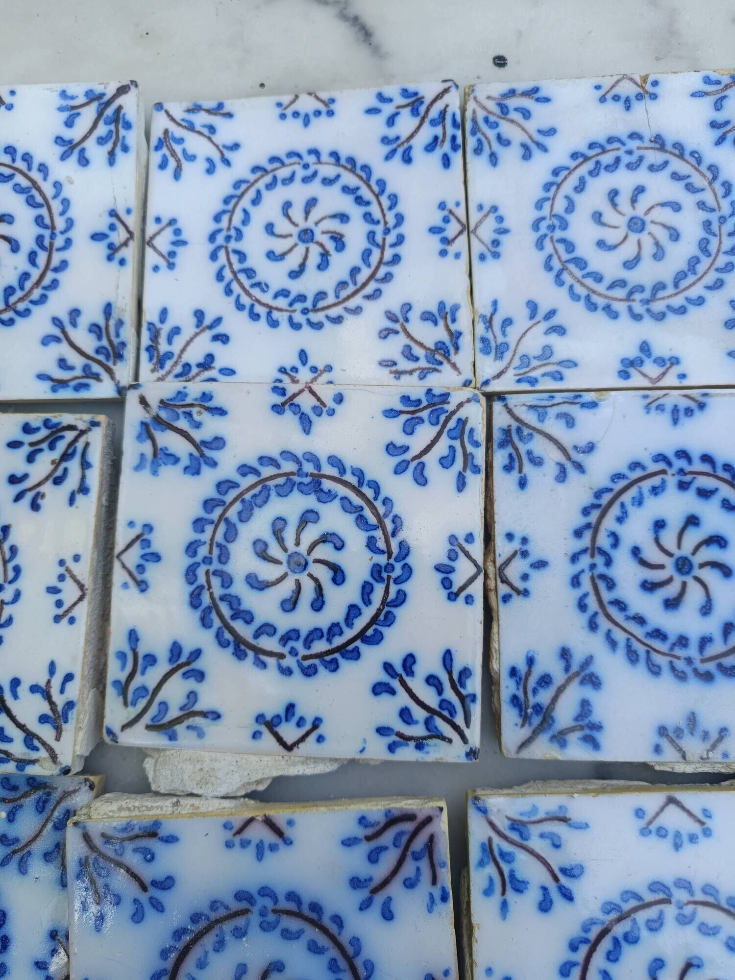17 old tiles from Desvres Fourmaintraux-Courquin – 11 × 11 cm 19th century