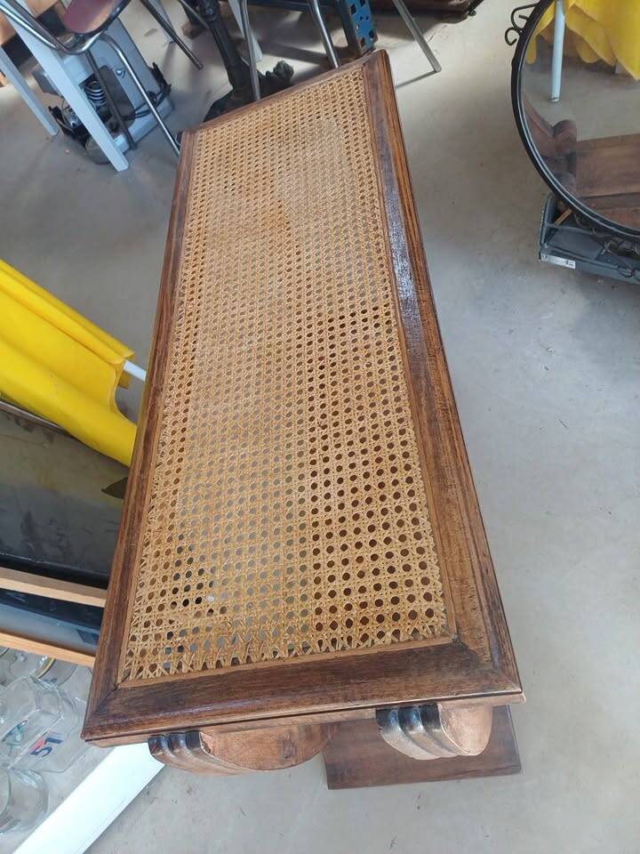 Table console Art Déco en bois et cannage
