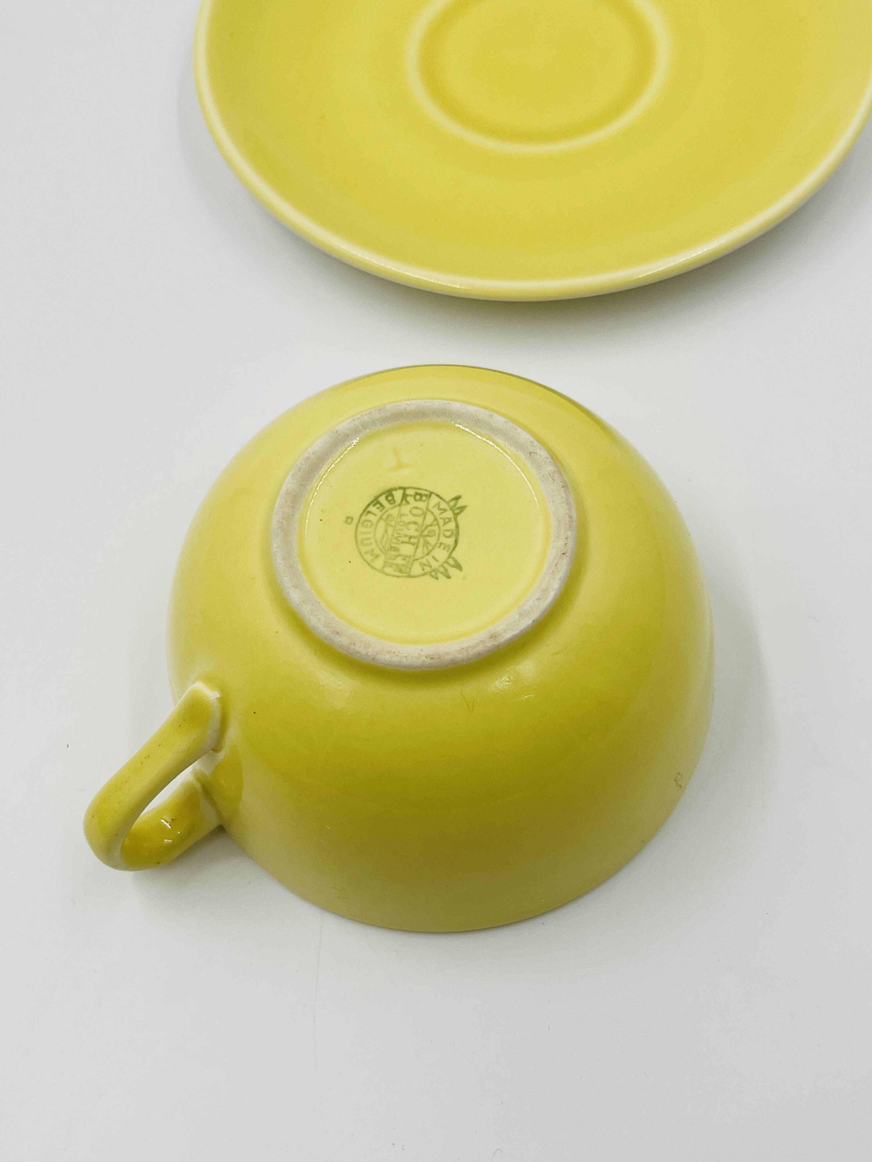 Set of 8 Vintage Boch Frères Yellow Cups and Saucers