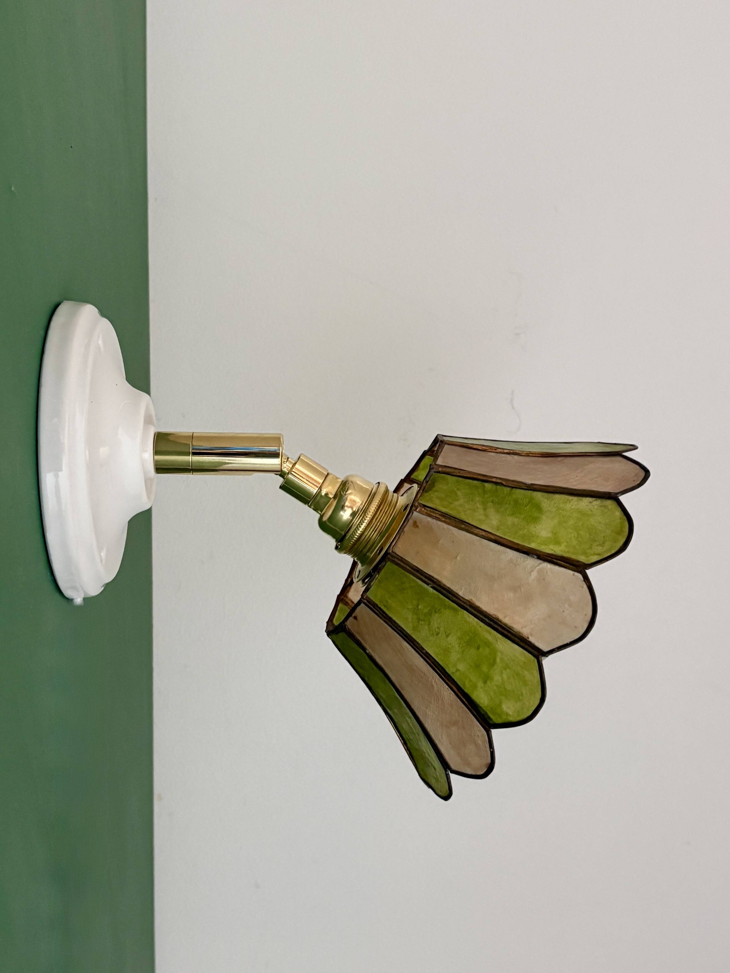Vintage wall lamp with a green and pink mother-of-pearl lampshade