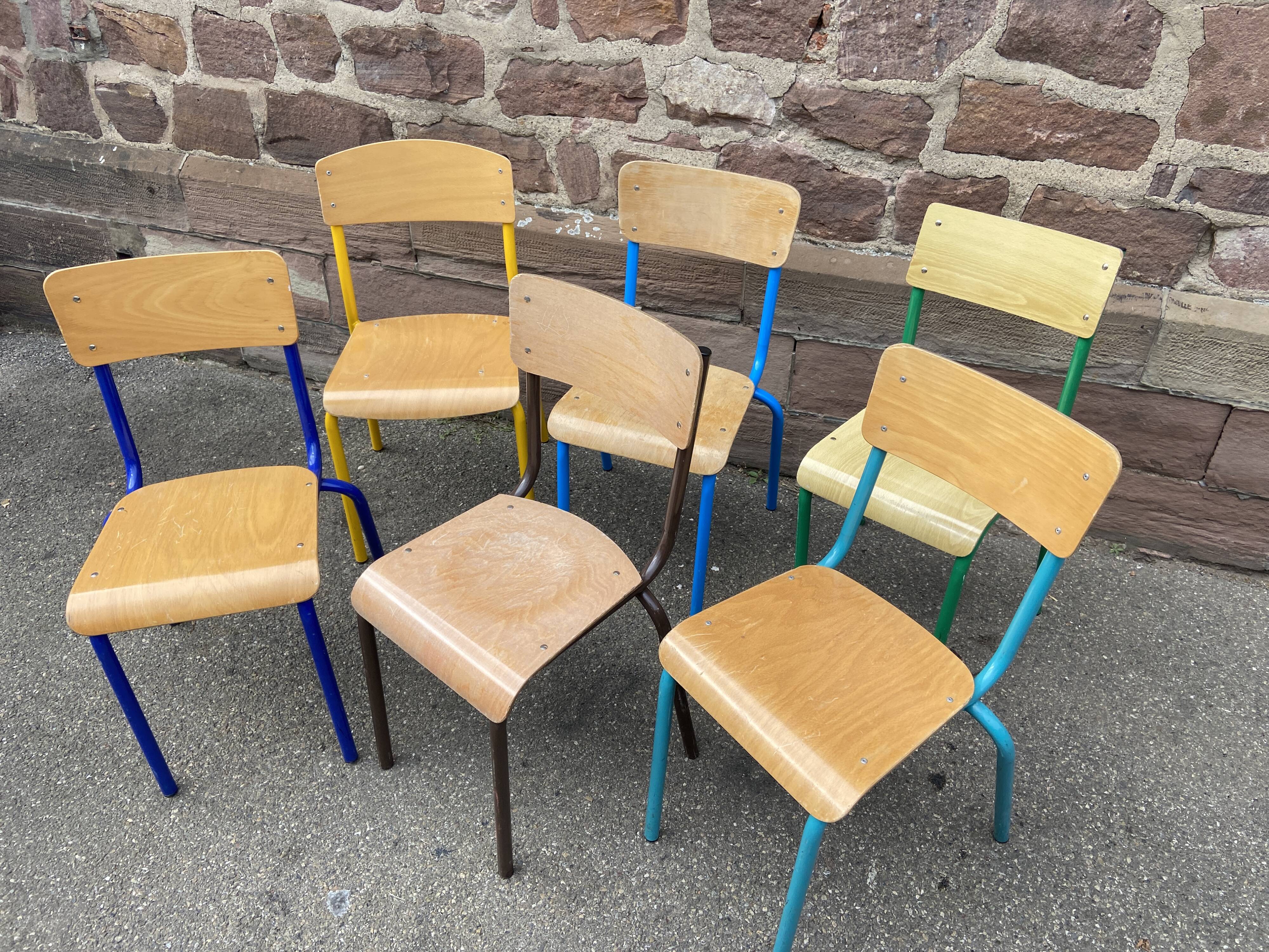 6 mismatched school chairs multicolor industrial vintage school community Mullca