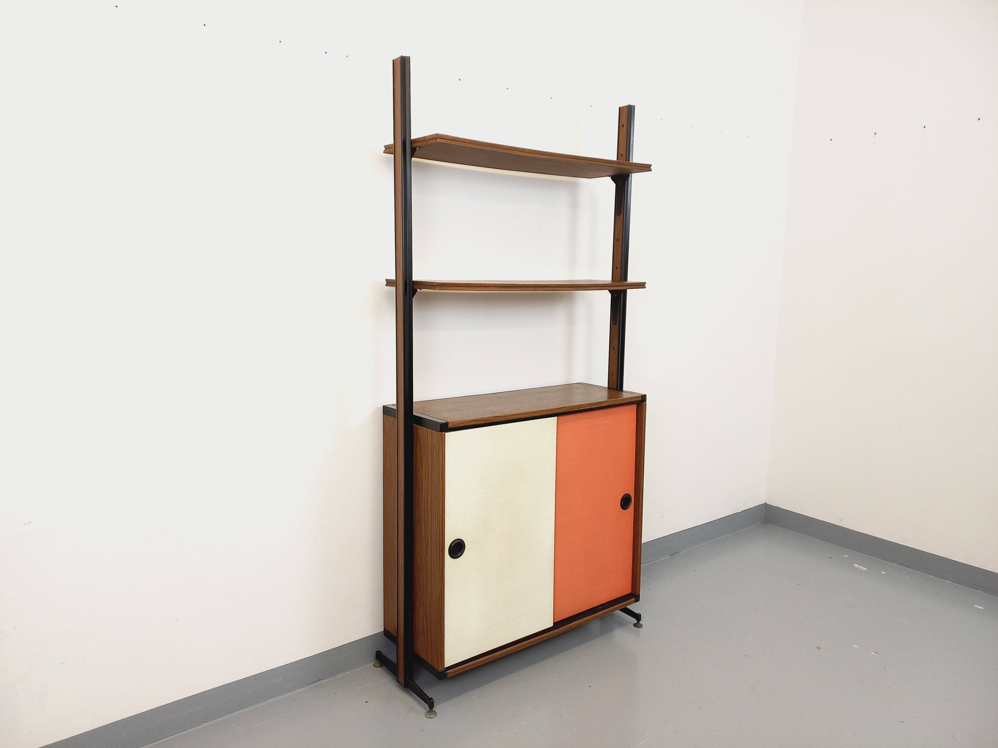 Vintage Italian modular shelving unit in melamine with wood decor
