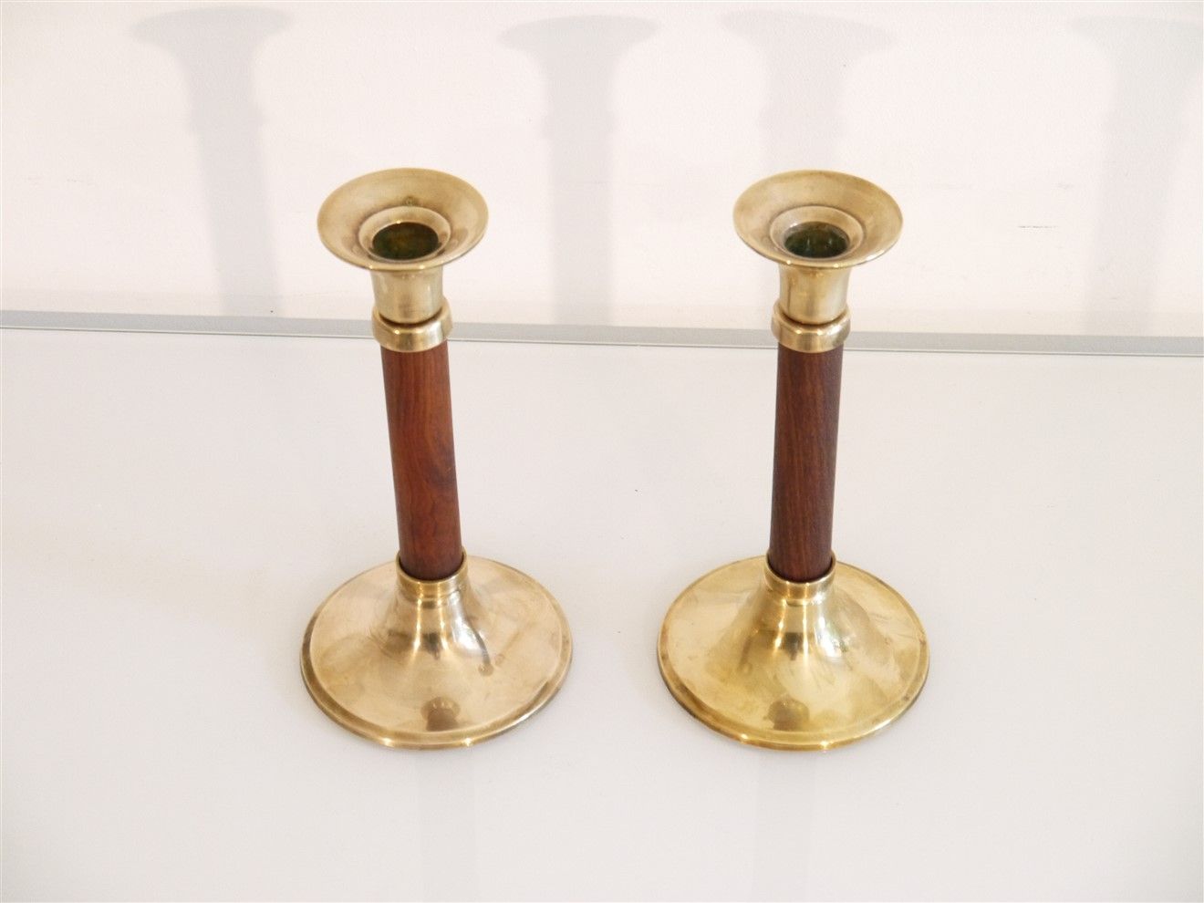 Pair of vintage Scandinavian candle holders in teak and brass 1960