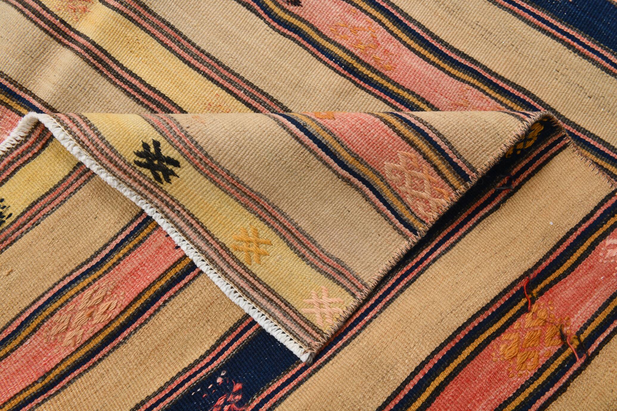 5x8 Cream & Navy Blue Striped Pattern Kilim Rug, 152x234Cm