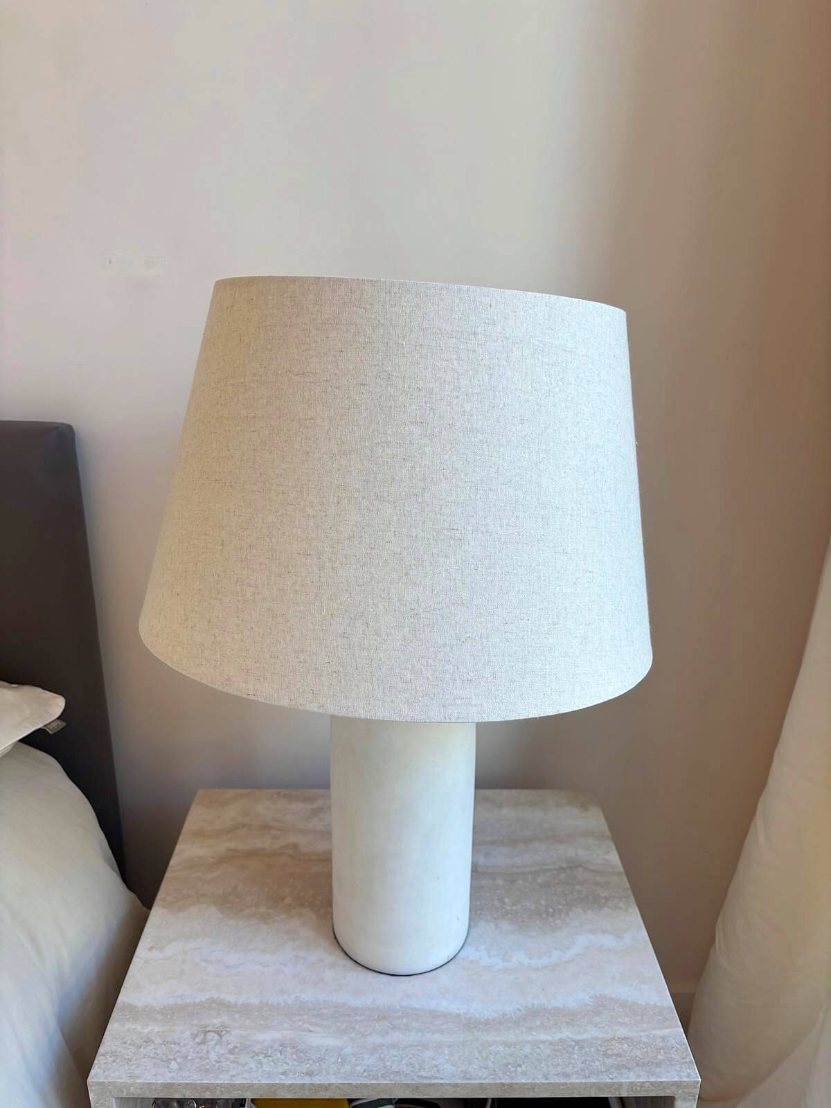 Abelia table lamp, white marble effect base, fabric shade.