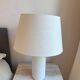 Abelia table lamp, white marble effect base, fabric shade.