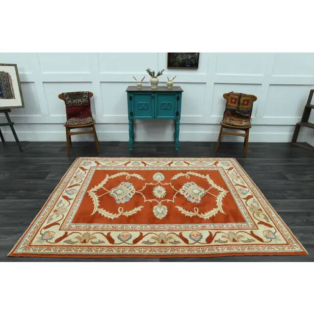 1970s Vintage Turkish Oushak Handmade Wool Cotton Orange Area Rug 173x230