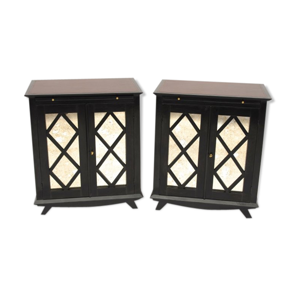 Paire de buffets en laque noire a decor de croisillons circa 1950