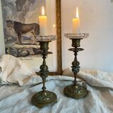 Pair of openwork brass candlesticks and glass bobeches