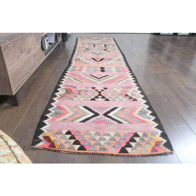 1970s Turkish Oushak Handmade Wool Cotton Pink Runner Rug 83x331