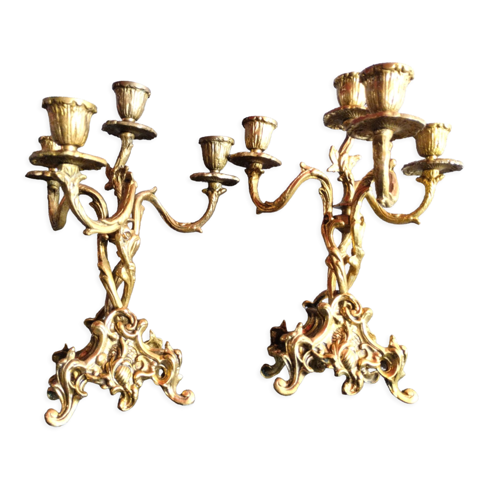 Pair of gilded bronze candelabras in Rocaille style - 4 arms of light