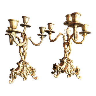 Pair of gilded bronze candelabras in Rocaille style - 4 arms of light
