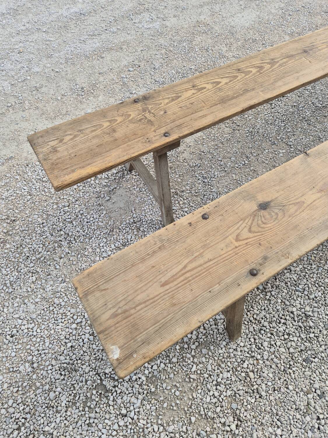 Pair of rustic oak and fir farmhouse benches 1900s - 3m85
