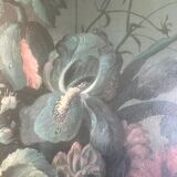 Bouquet of flowers and fruits on table, composition on canvas 100x120