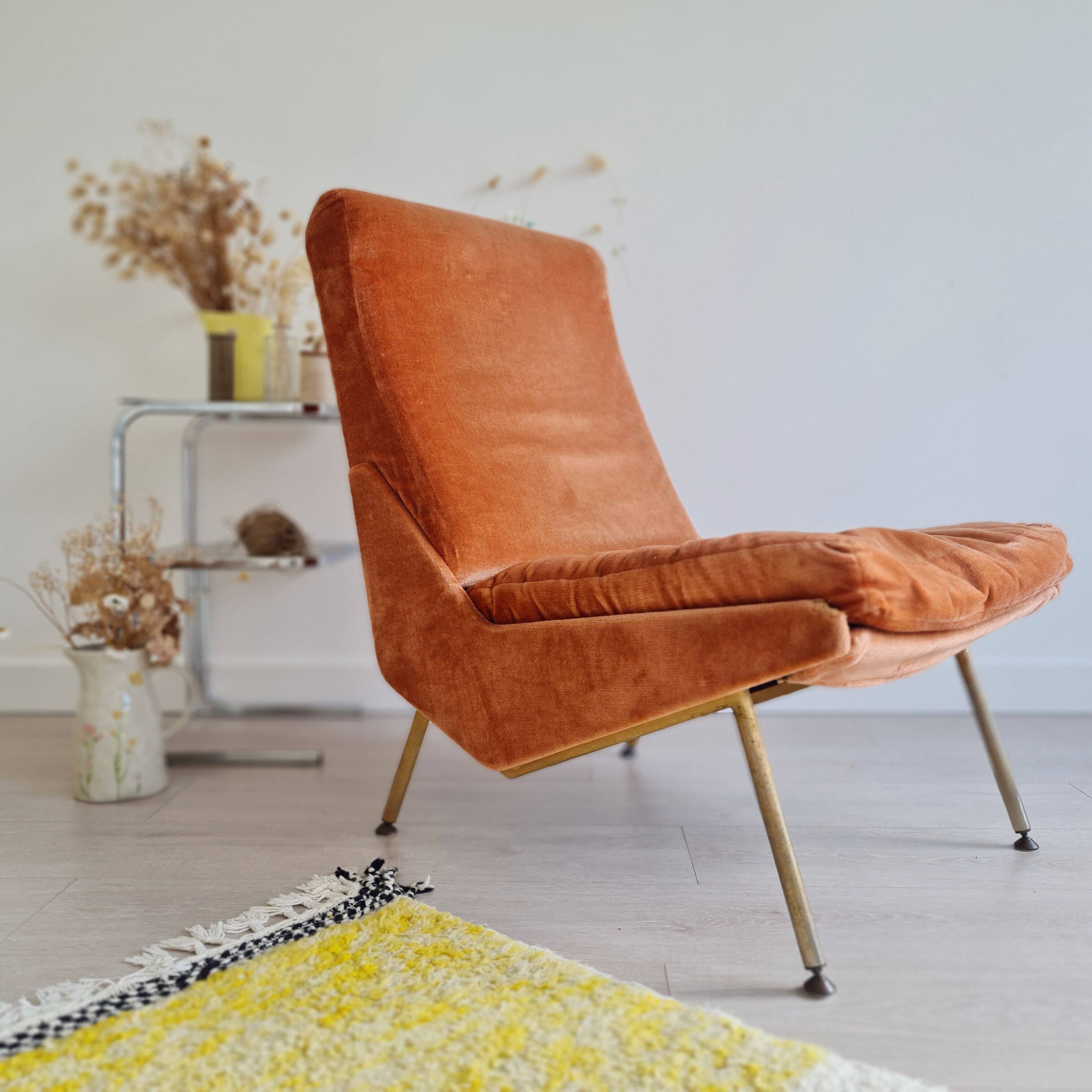 Antique Scandinavian velvet armchair with compass feet