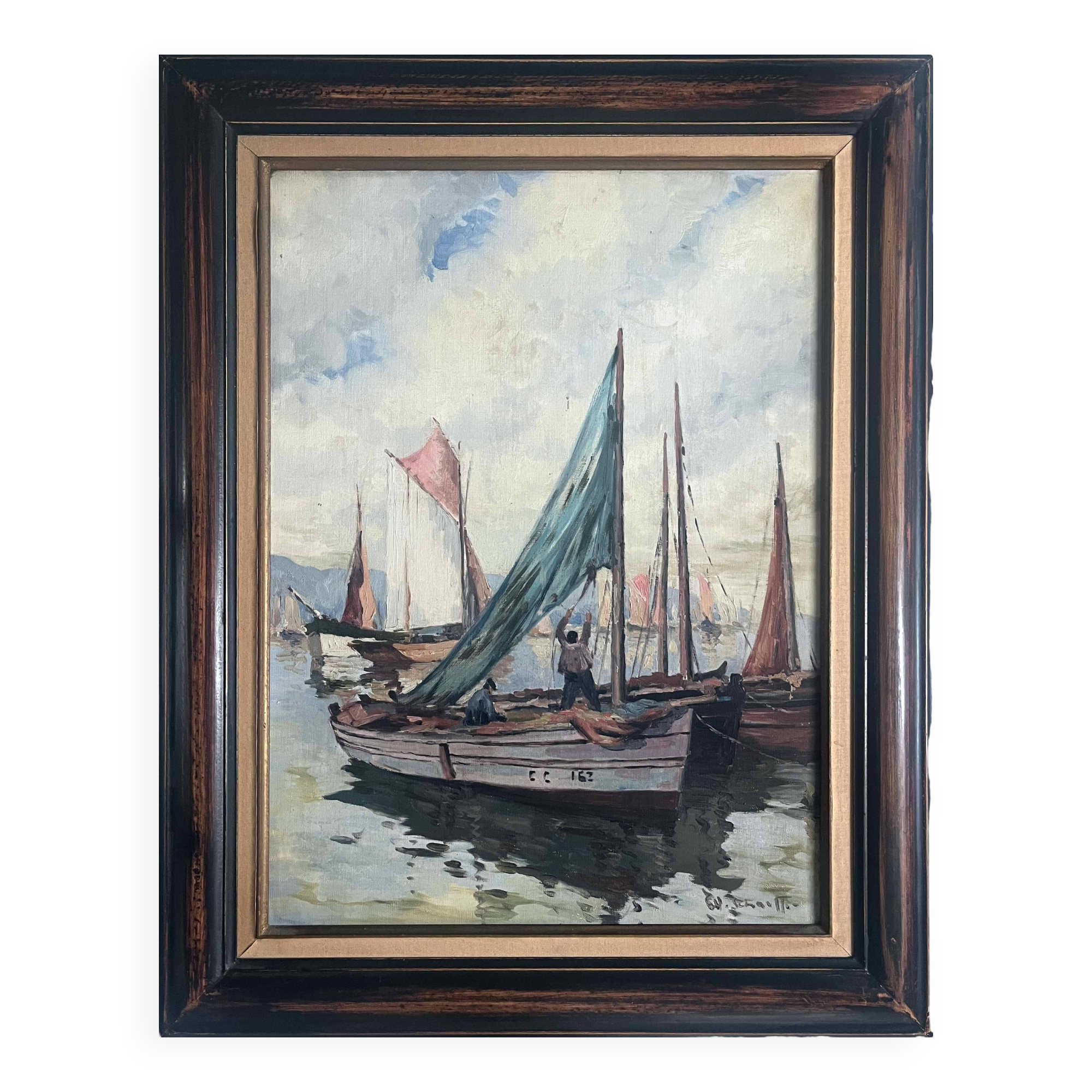 Painting by Henri Schaeffer (1900-1975) "Fishing boat" + frame