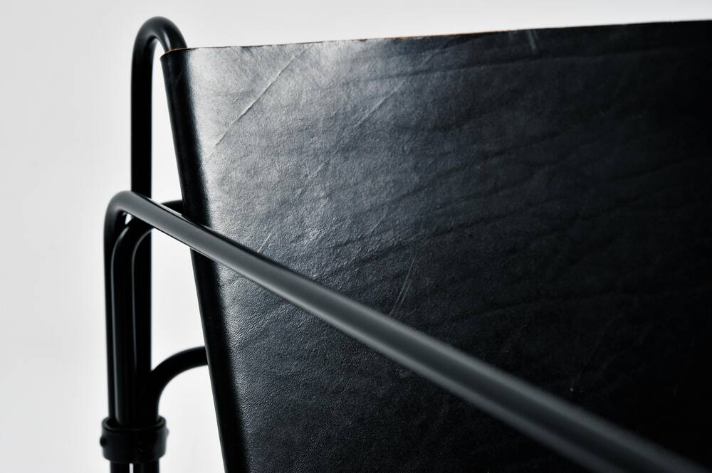 Black modernist design lounge set by Jan van Opzeeland in leather and steel bar, Netherlands, 1980s