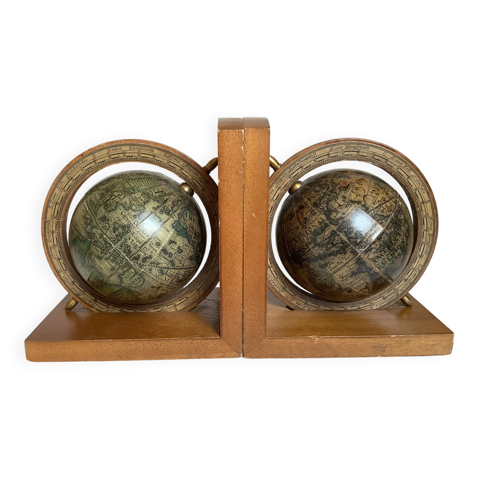 Pair of wooden world map bookends