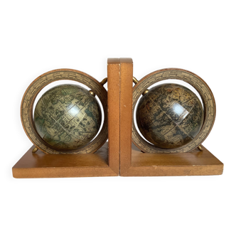 Pair of wooden world map bookends