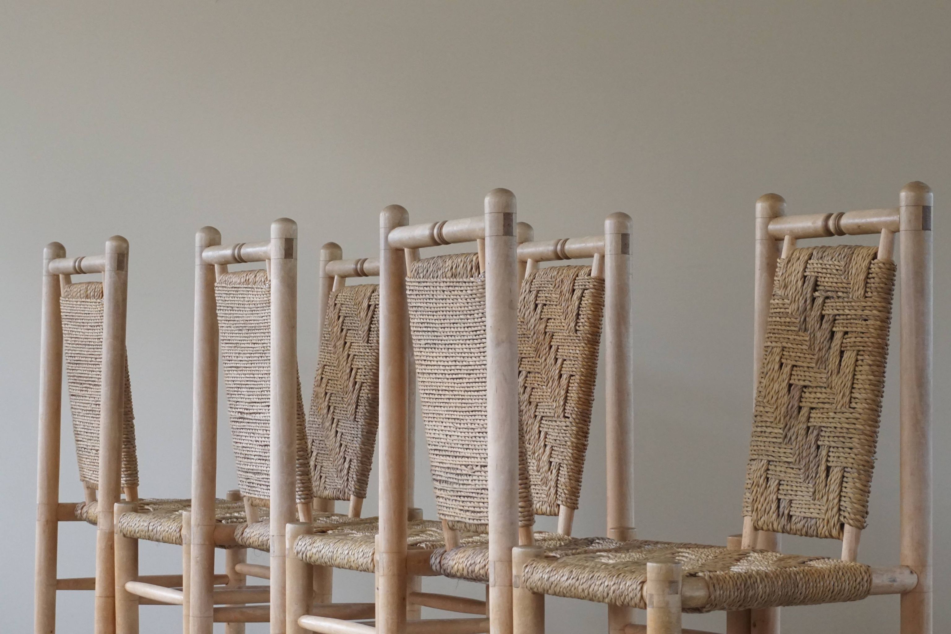 Set of 6 French Mid Century Naturalist Woven Highback Chairs in Solid Elm, 1960s
