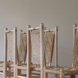 Set of 6 French Mid Century Naturalist Woven Highback Chairs in Solid Elm, 1960s