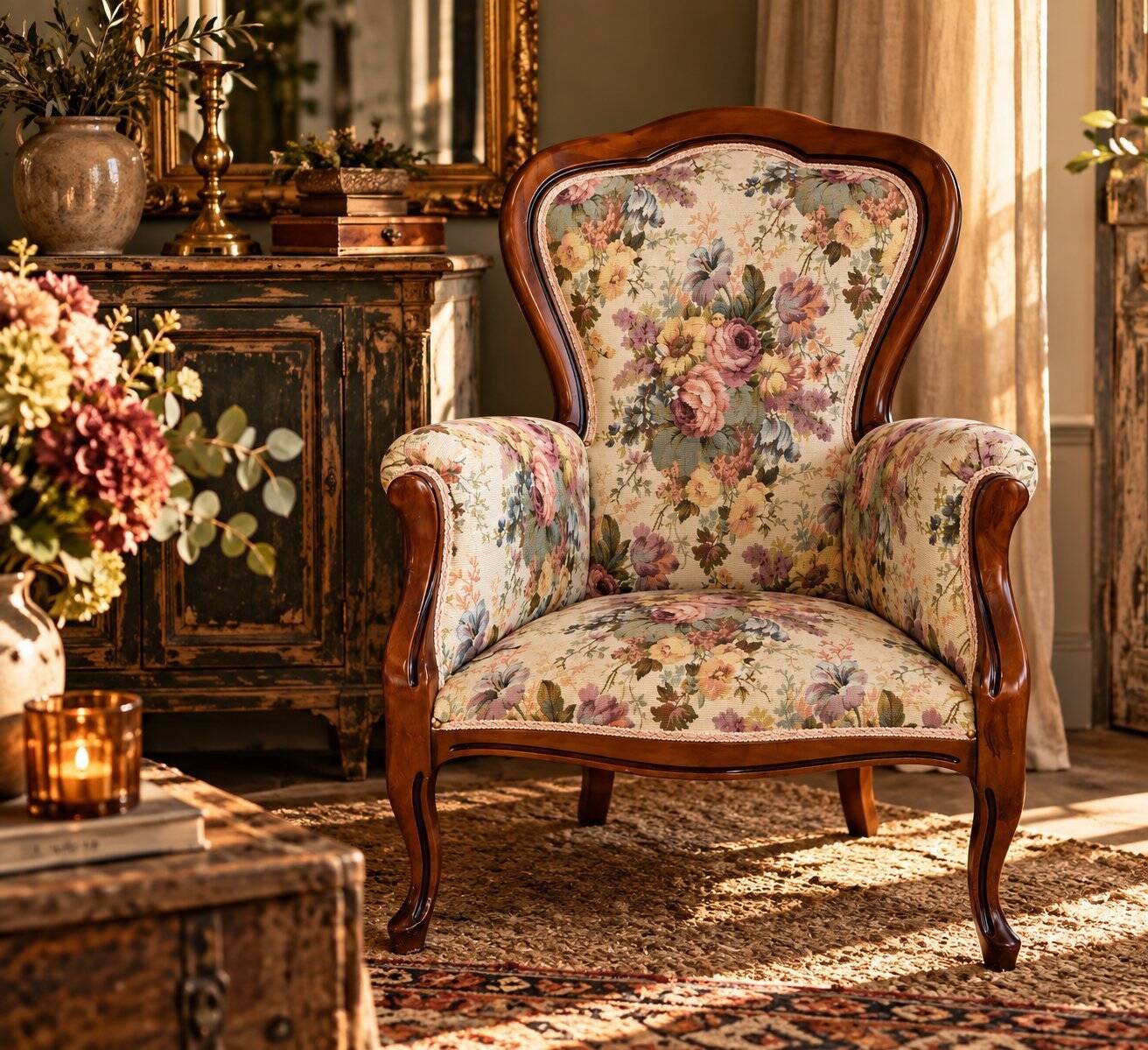 Louis XV style armchair with floral jacquard upholstery.