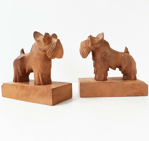 Paire de serre-livres vintage chiens en bois, années 50-60