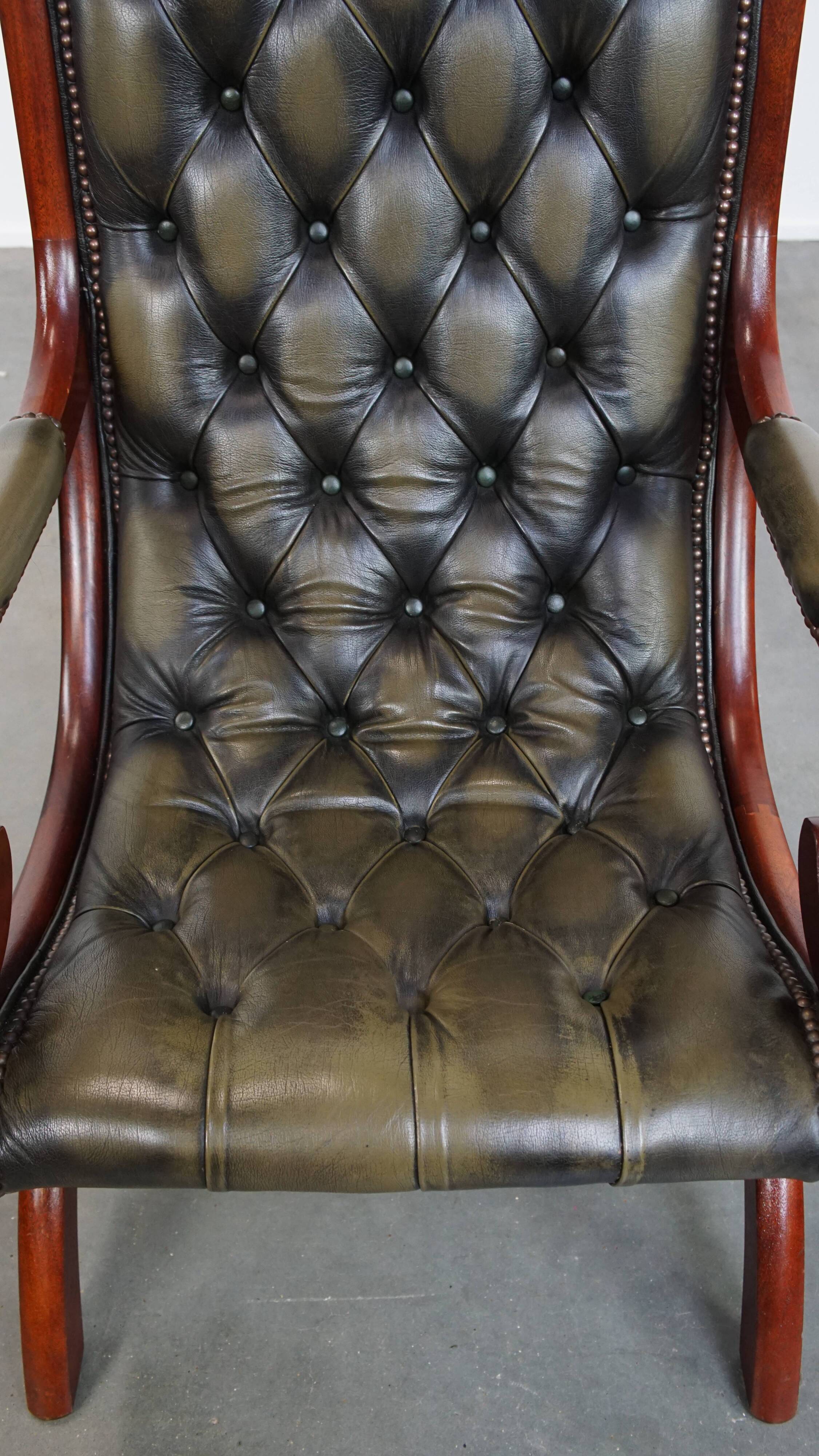 Green English-Style Cowhide Leather Chesterfield Armchair with Wood