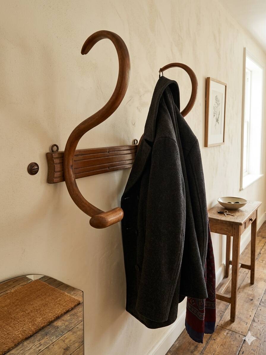 Curved wooden coat rack with 2 hooks, 1920s.