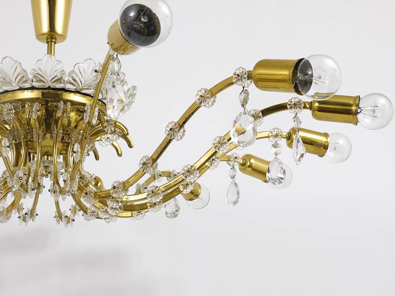Mid-century floral brass and crystal chandelier by Lobmeyr, 1950s, Austria.