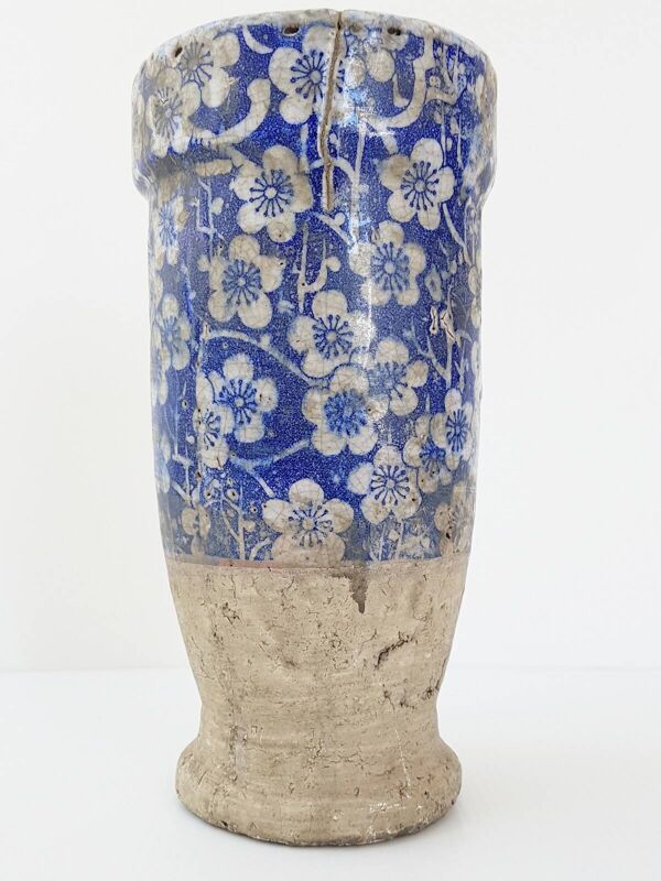 Magnifique vase tres ancien ceramique terre cuite fleurs bleues & blanches