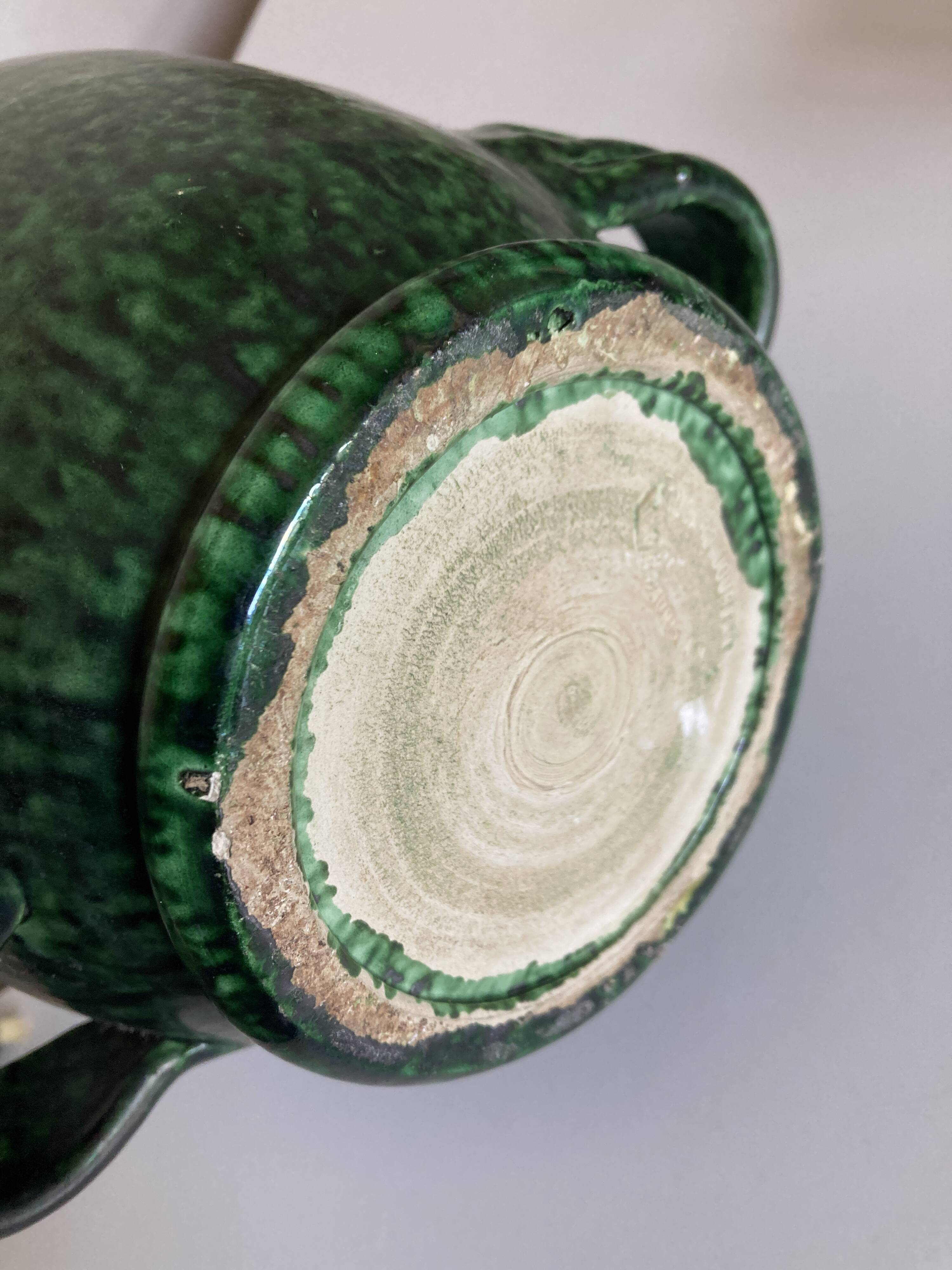 XXL green glazed terracotta lamp by Foucart Jourdan Vallauris 1960