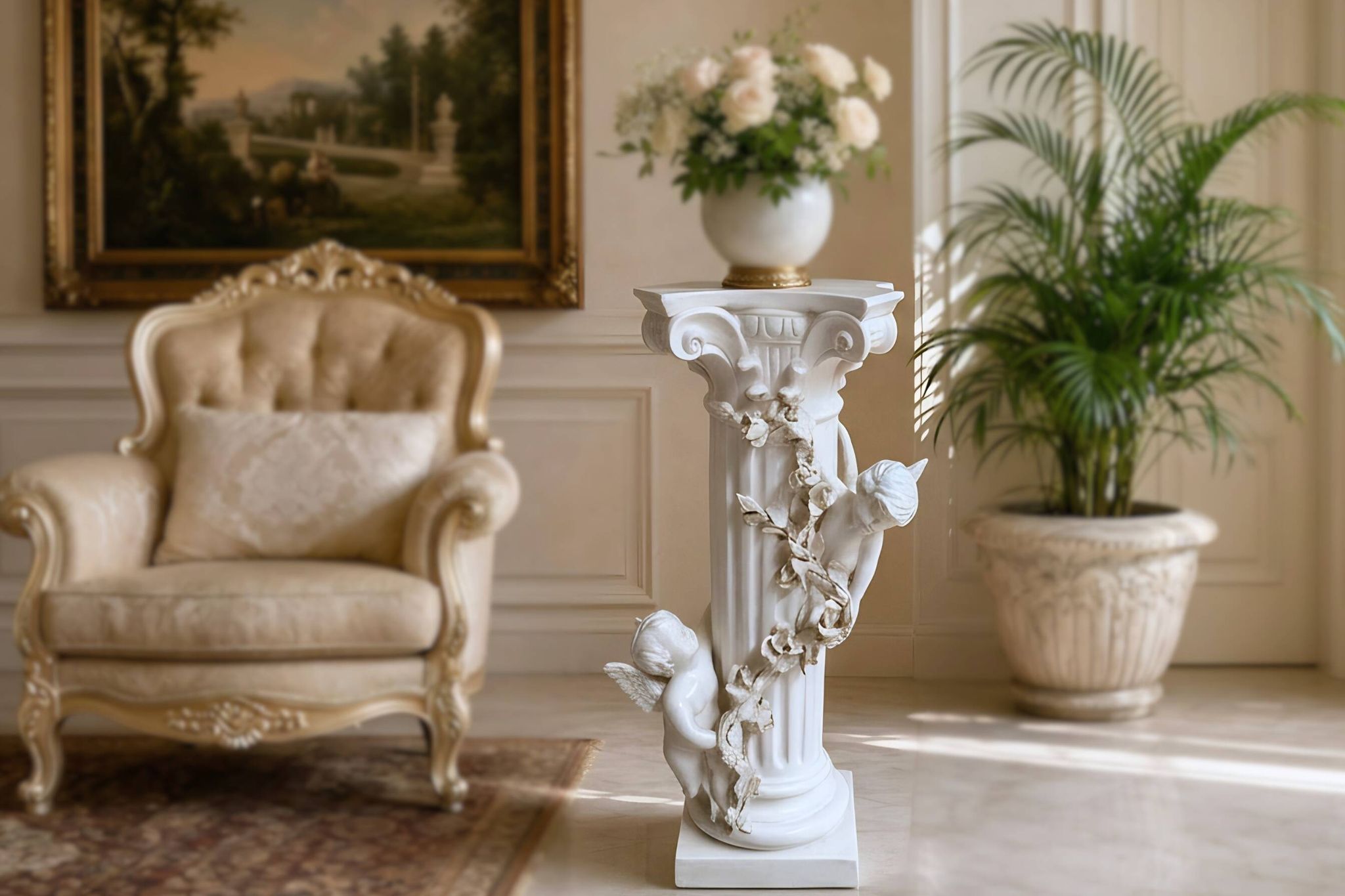 Elegante Colonna con Angeli in Ceramica – Stile Neo-Barocco (Anni '80)