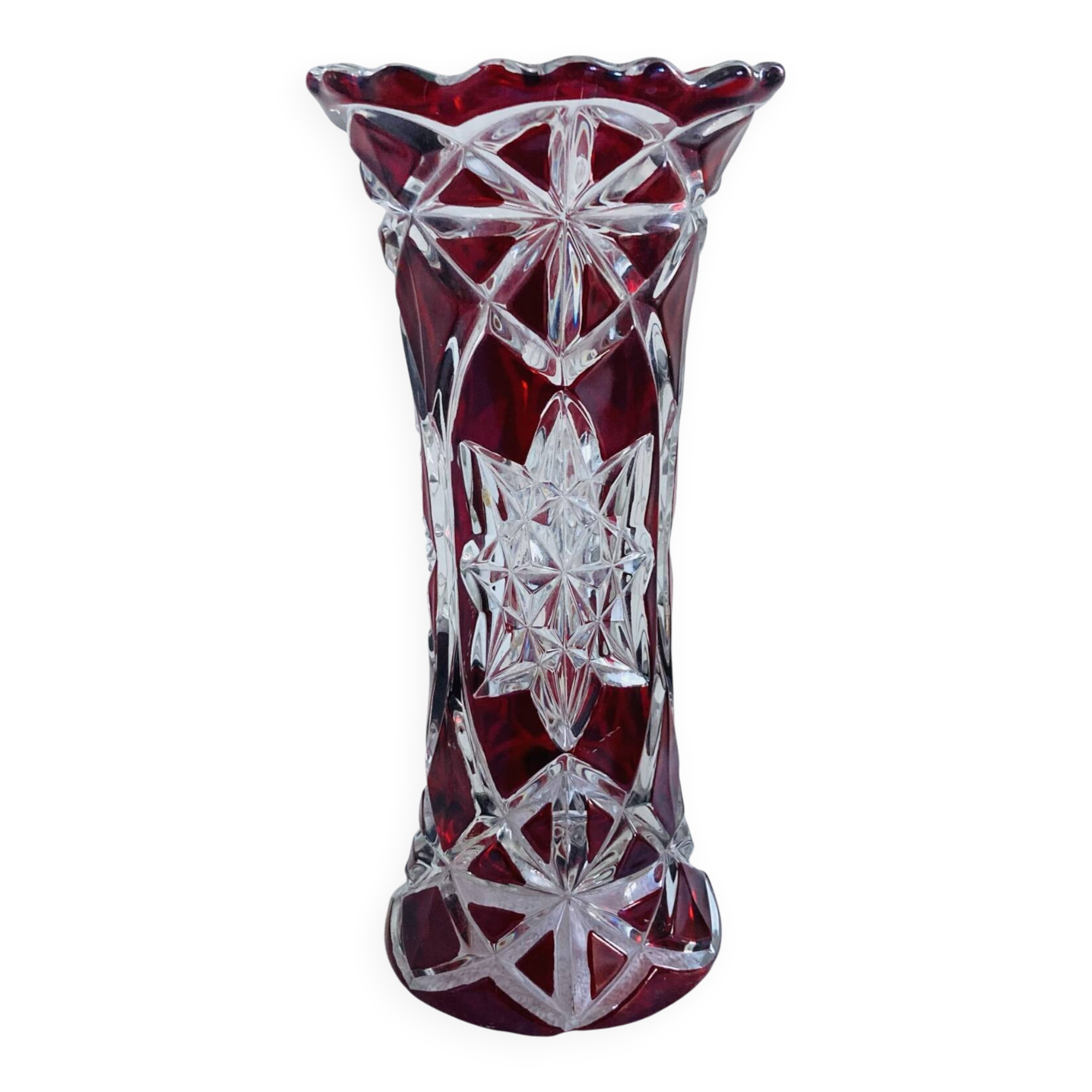 Antique bohemian crystal vase from the mid-20th century in bacara style.