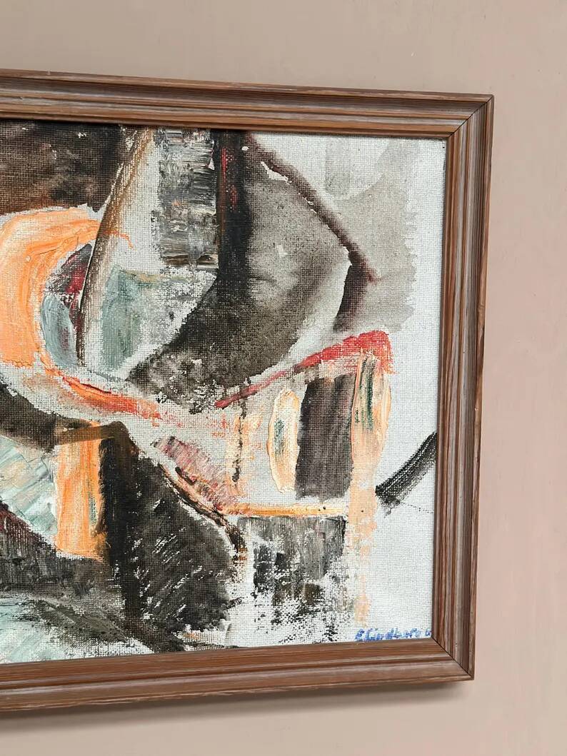Swedish Original Oil on Canvas – "Abstract Composition" by Eivor Lindberg – 1967 – Signed – Vintage and Framed – 68 × 52 cm (26.8 in × 20.5 in)