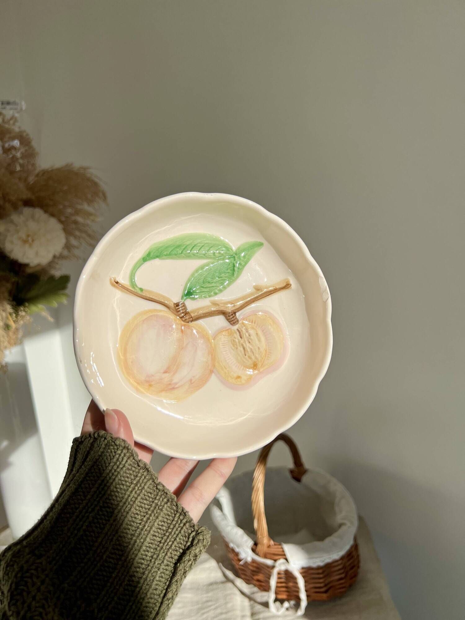 Pair of vintage hollow dessert plates in hand-painted slip, peach and fig fruit pattern
