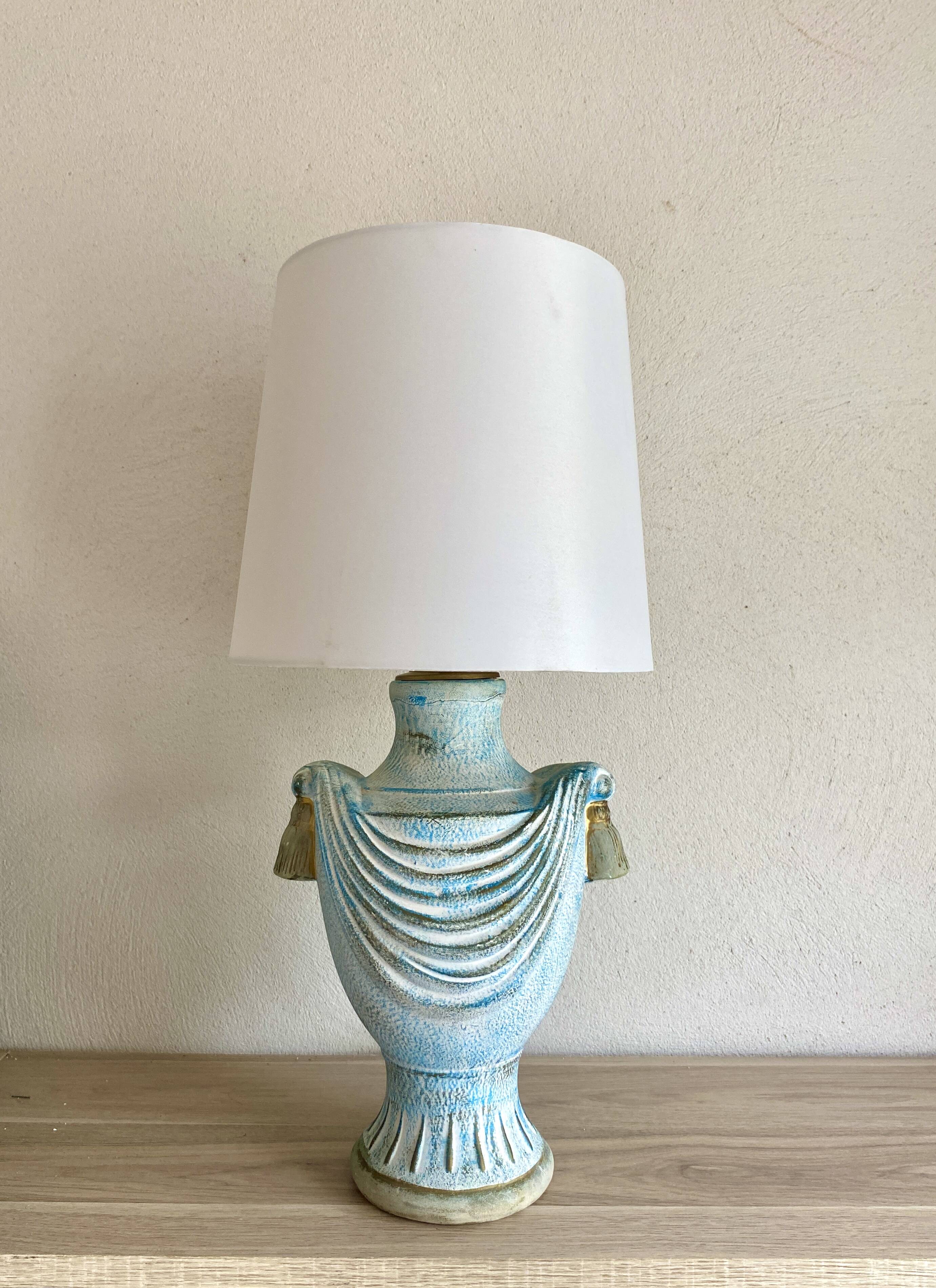 Painted plaster lamp, new 2 M fabric cable, fabric lampshade