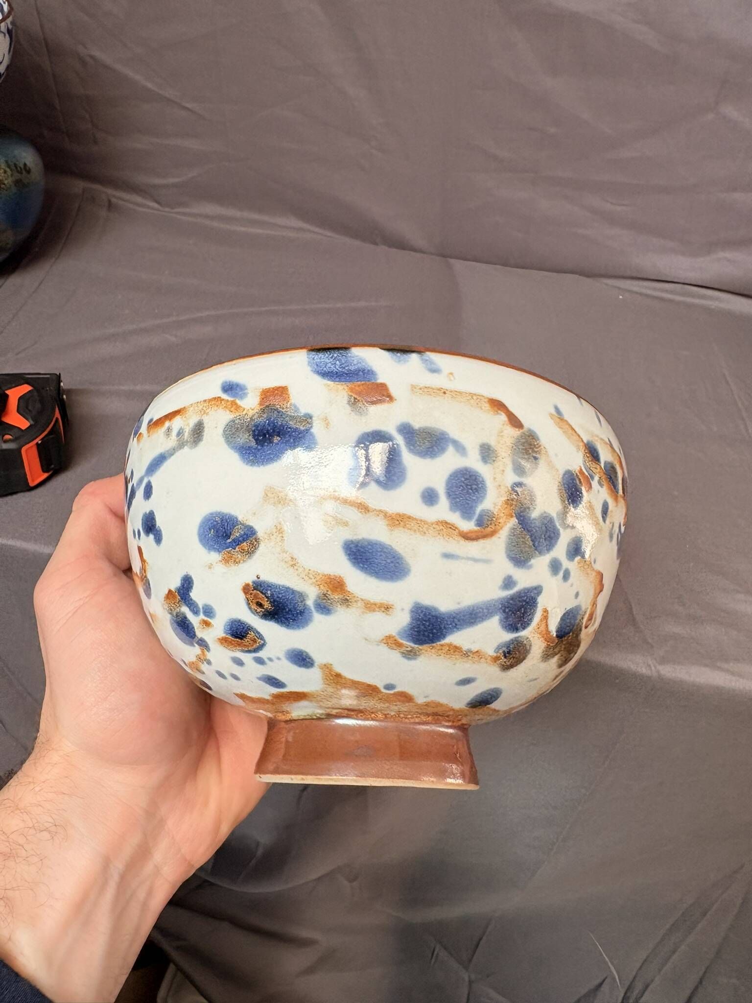 Ancient Bowl Tea Chawan Japan Mingei Ceramic Blue Brown