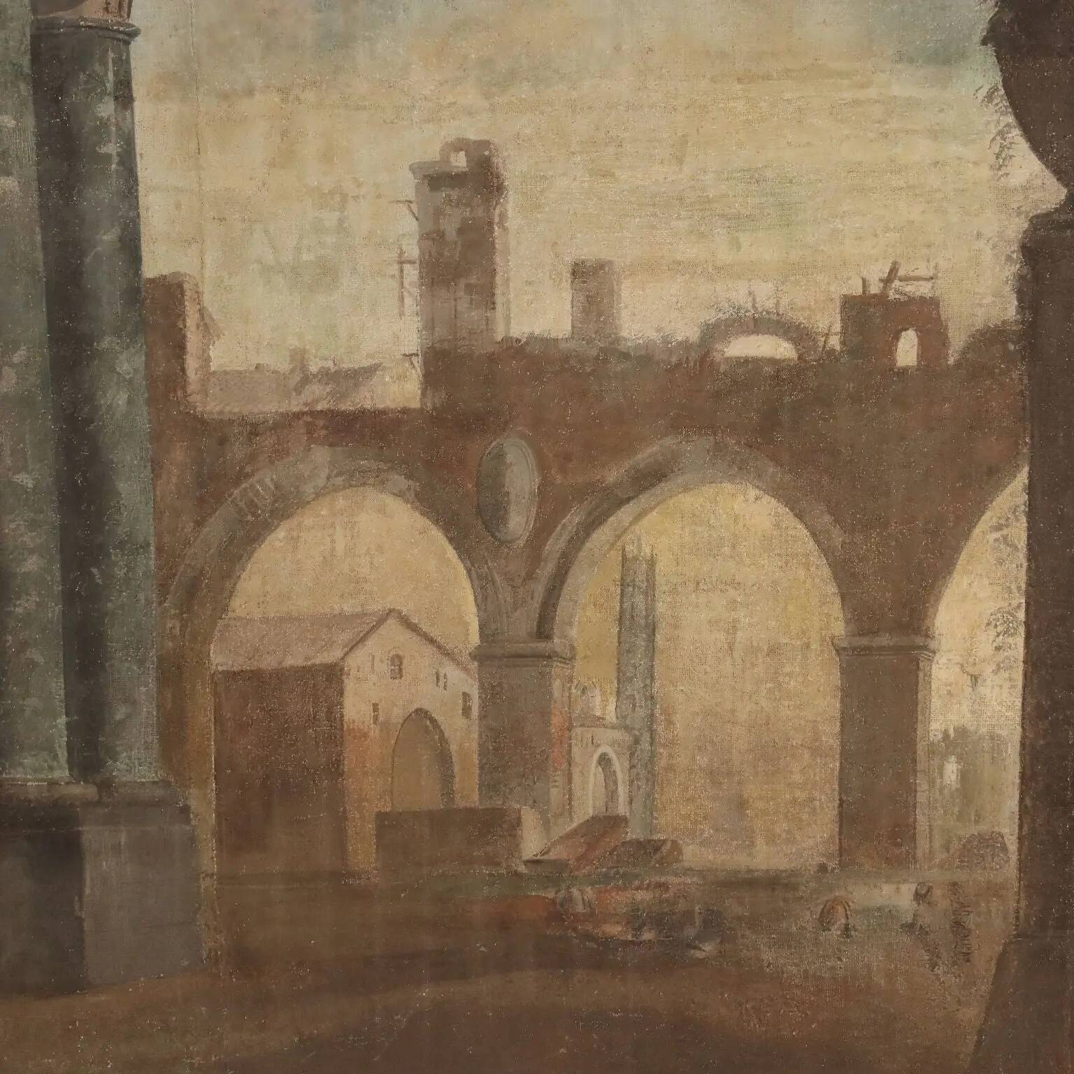 Large ancient architectural painting in tempera on canvas from the 18th century.