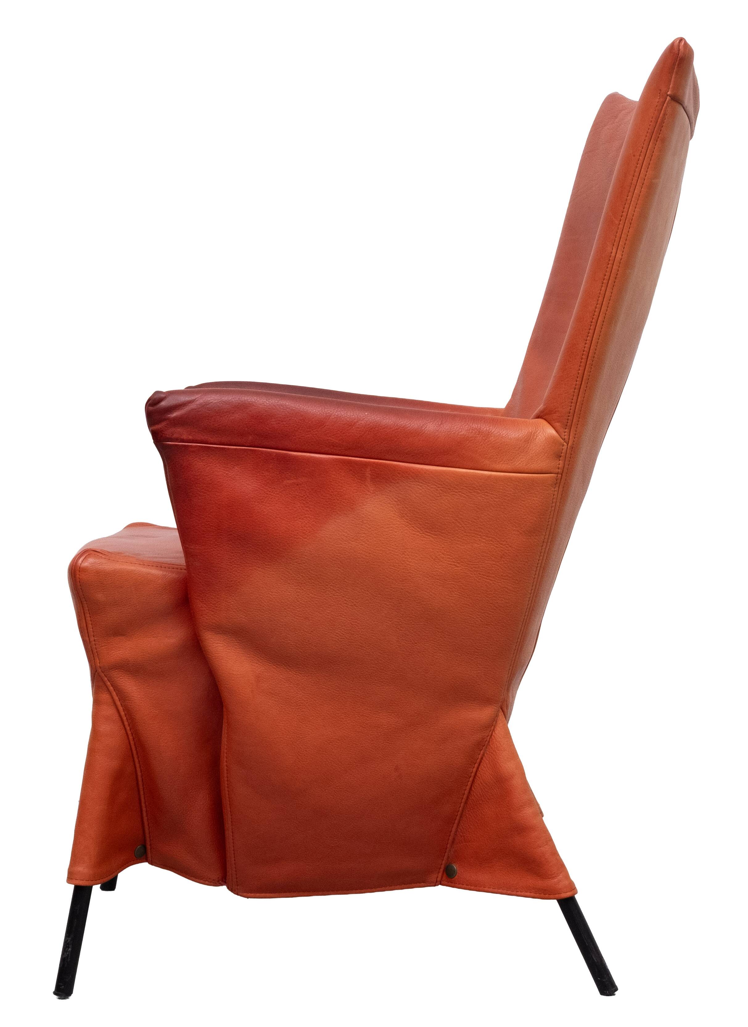 Gerard van der Berg Orange Leather Skirt Arm Chair 1980s