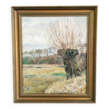 Antique original landscape oil painting, signed countryside art
