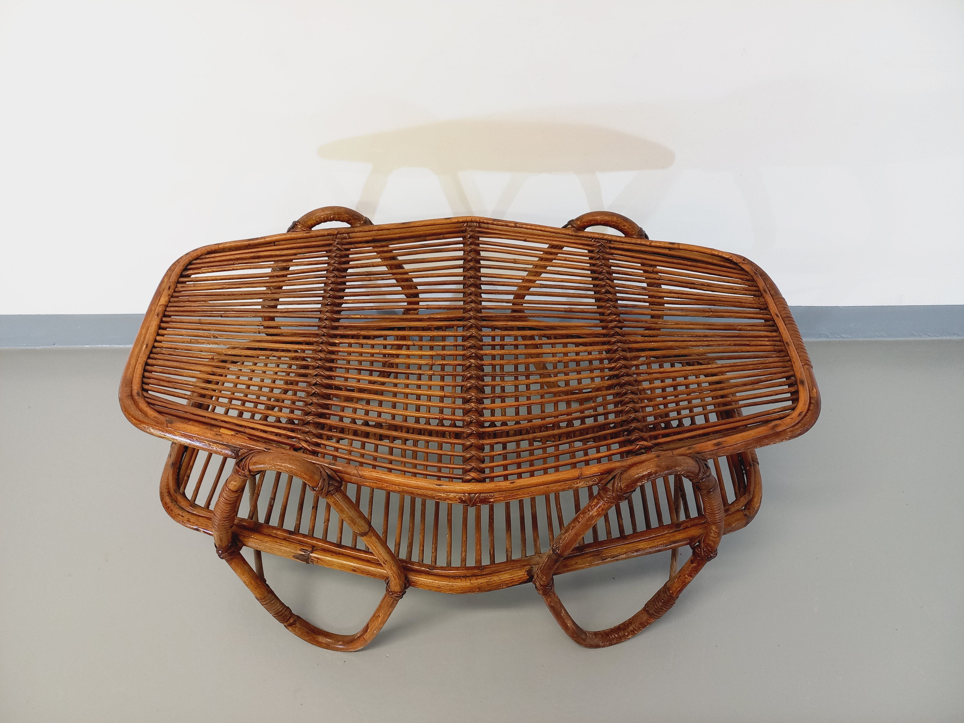 Coffee table with magazine tray in vintage rattan from the 60s