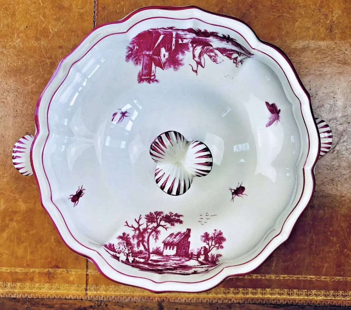Old small Gien earthenware vegetable soup tureen, pink landscape model