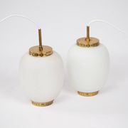 Pair of 2 Danish vintage pendant lamps Kina by Bent Karlby, Lyfa, 1946