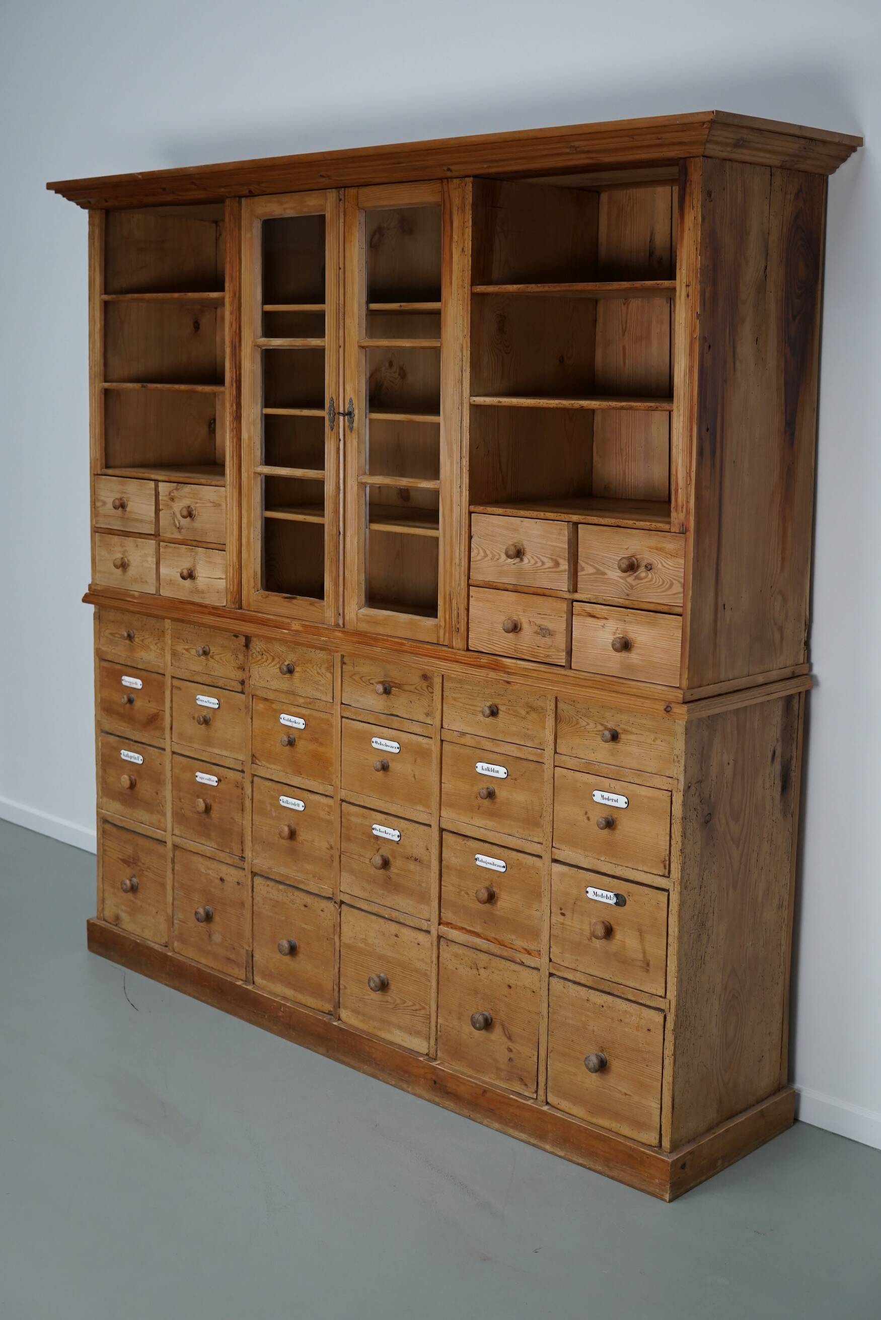 Large antique German pine apothecary cabinet / vitrine early 20th century