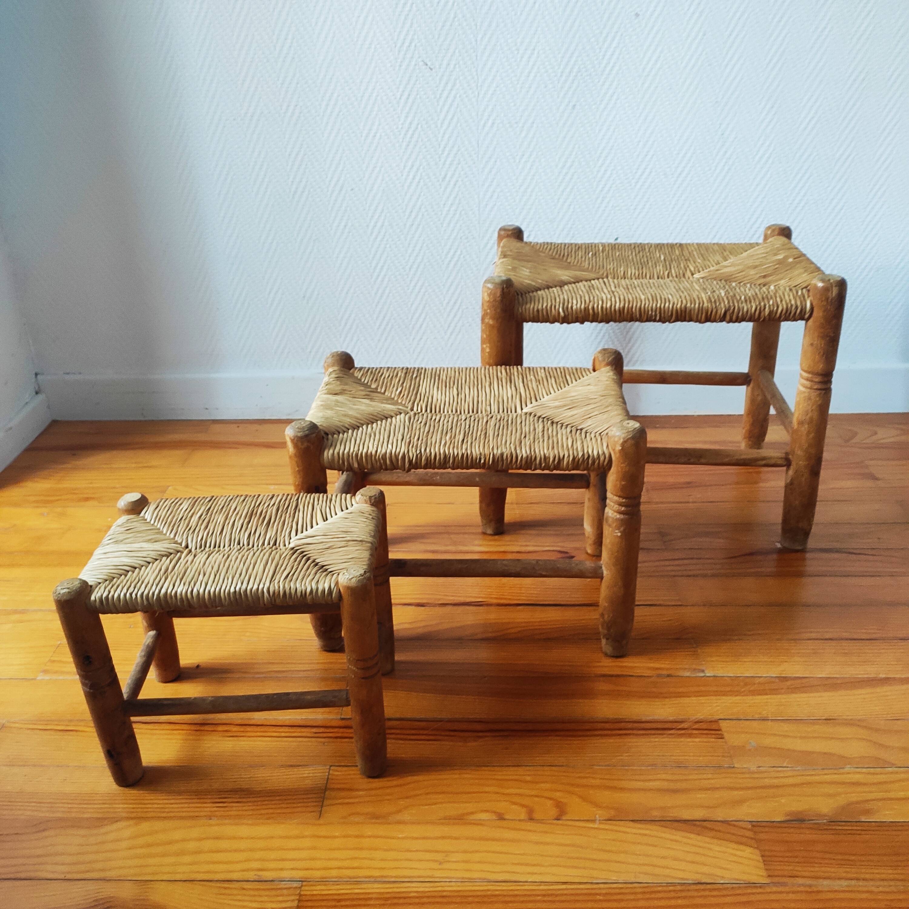 Set of 3 small wooden and straw benches/stools Vintage 60-70s