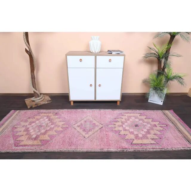 Vintage Turkish Hand-Knotted Wool Cotton Pink Runner Rug 91x288