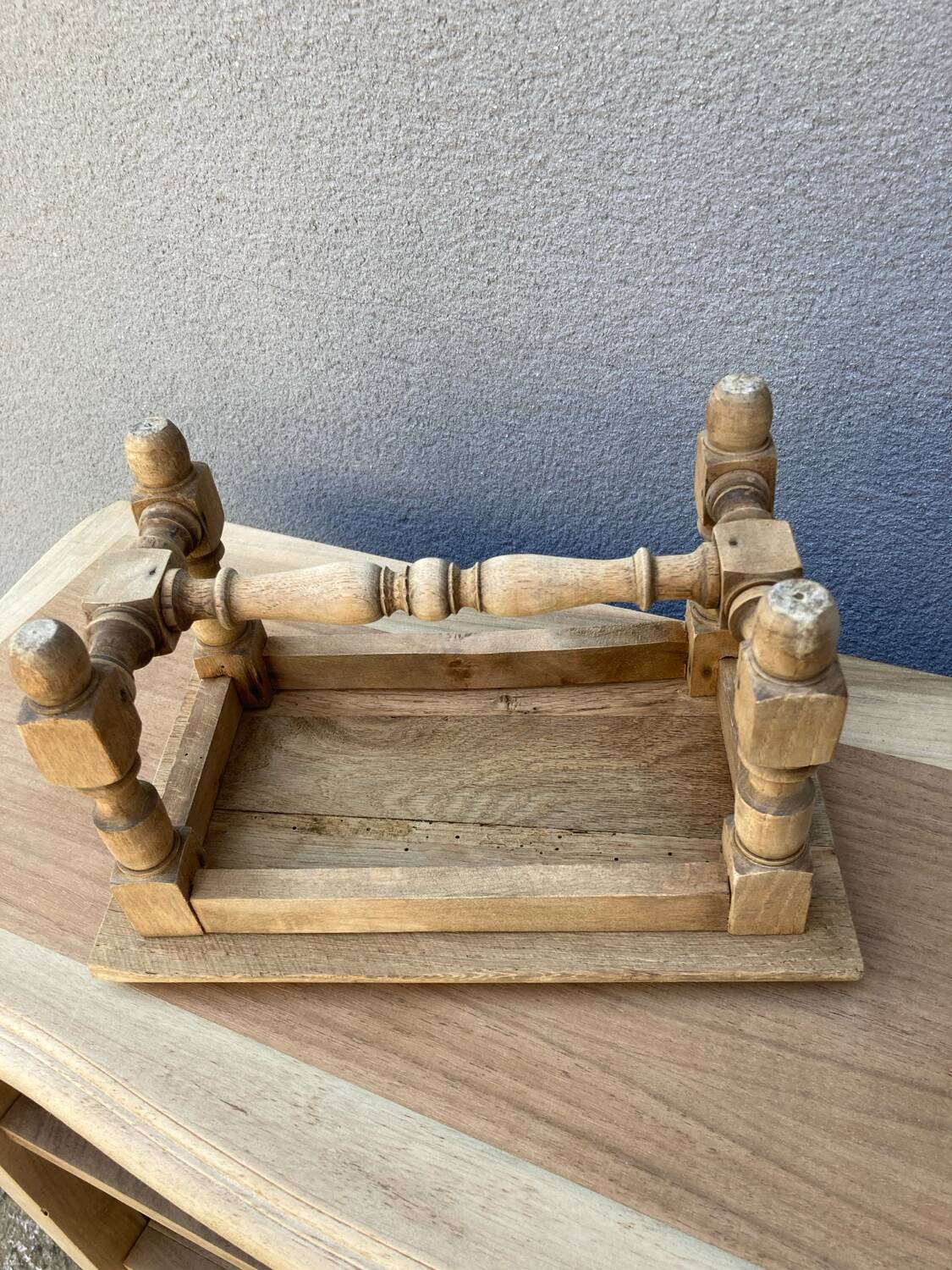 Small stool rustic raw oak sculpted top